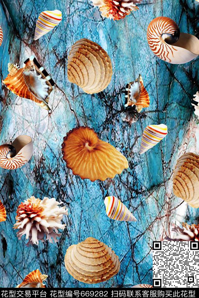 海洋生物趣味贝壳数码印花华亿平台下载（图片编号: 669282） - 瓦栏（Walan）
