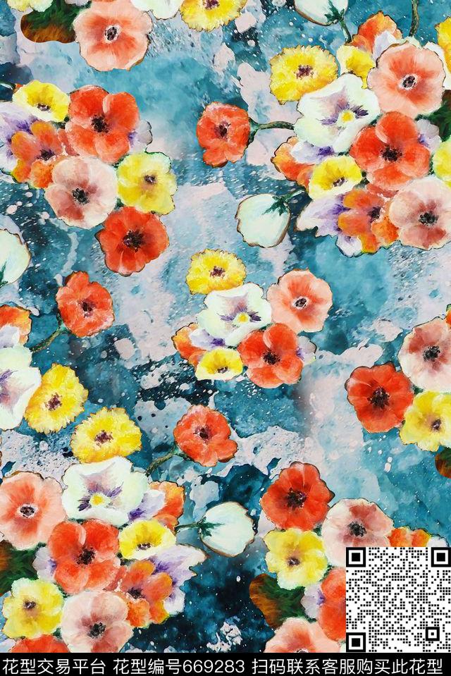 复古蓝小碎花花卉数码印花华亿平台下载（图片编号: 669283） - 瓦栏（Walan）