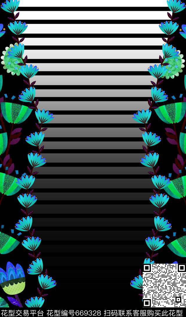 条纹花卉渐变数码印花华亿平台下载（图片编号: 669328） - 瓦栏（Walan）
