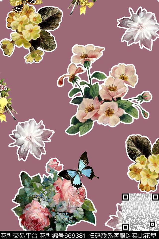 时尚手绘花卉数码印花华亿平台下载（图片编号: 669381） - 瓦栏（Walan）