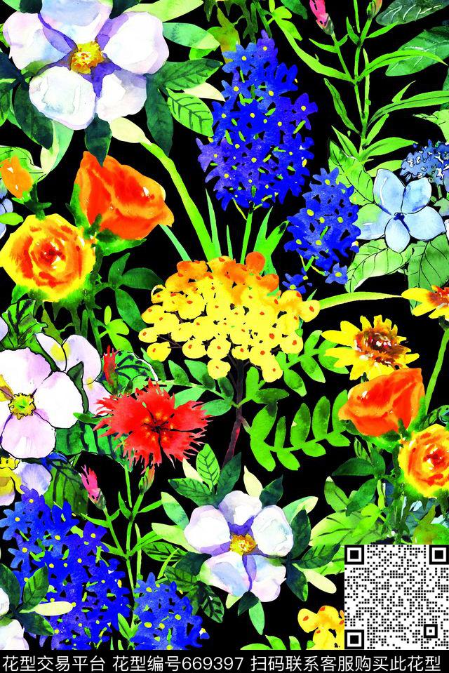 鲜艳水彩花卉手绘数码印花华亿平台下载（图片编号: 669397） - 瓦栏（Walan）