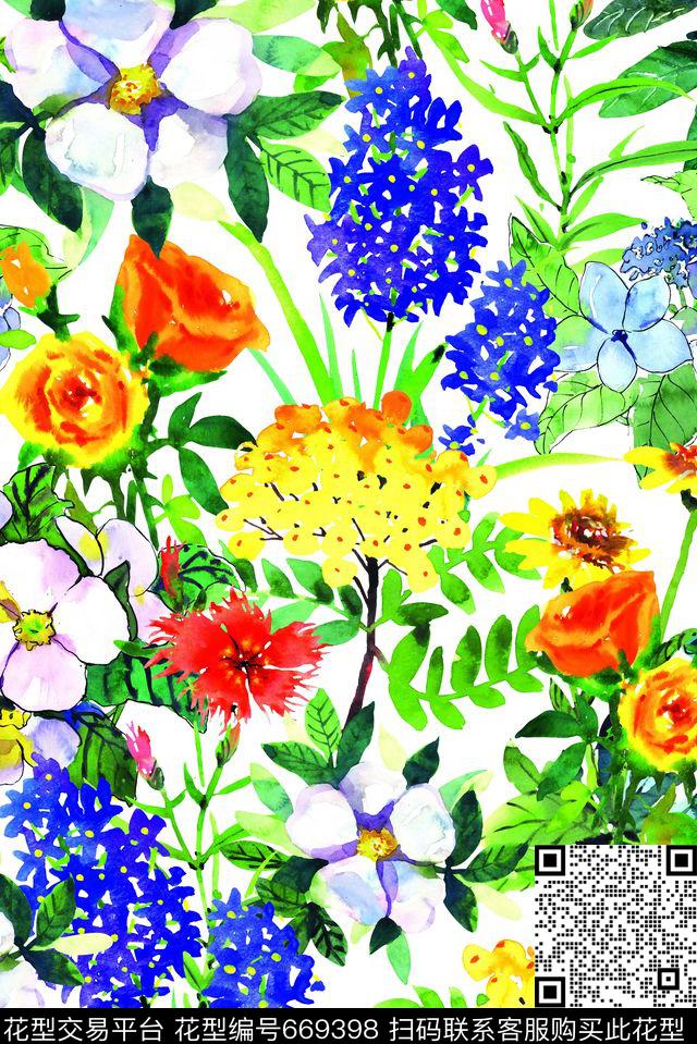 鲜艳水彩花卉手绘数码印花华亿平台下载（图片编号: 669398） - 瓦栏（Walan）