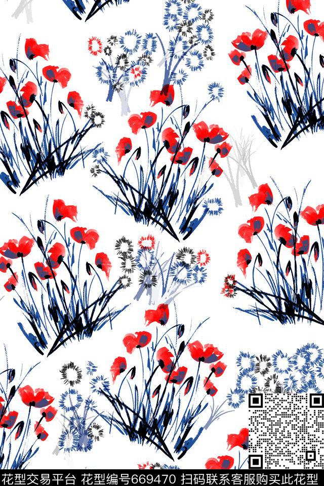 花卉水墨手绘传统印花华亿平台下载（图片编号: 669470） - 瓦栏（Walan）