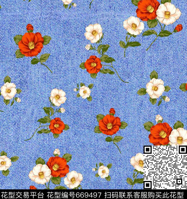 小清新牛仔纹花卉数码印花华亿平台下载（图片编号: 669497） - 瓦栏（Walan）