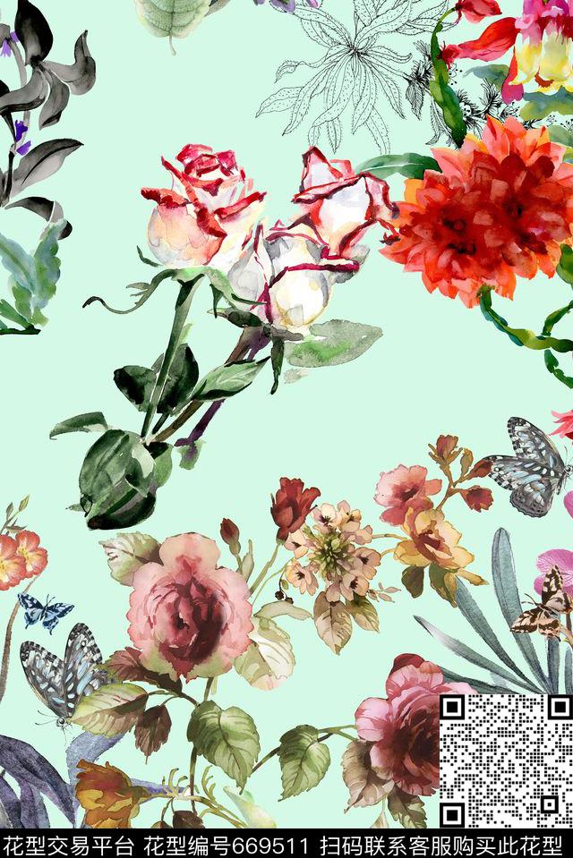 满版手绘花卉数码印花华亿平台下载（图片编号: 669511） - 瓦栏（Walan）