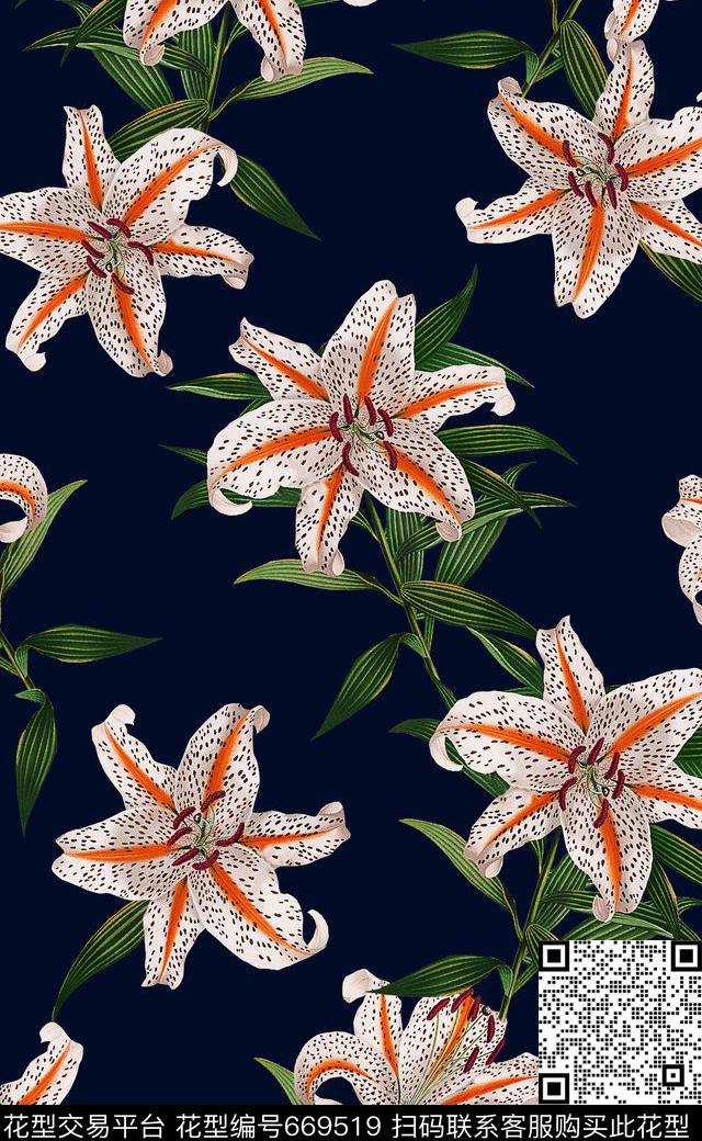 手绘复古花卉复古花卉大花数码印花华亿平台下载（图片编号: 669519） - 瓦栏（Walan）