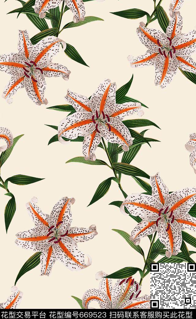 手绘复古花卉复古花卉大花数码印花华亿平台下载（图片编号: 669523） - 瓦栏（Walan）