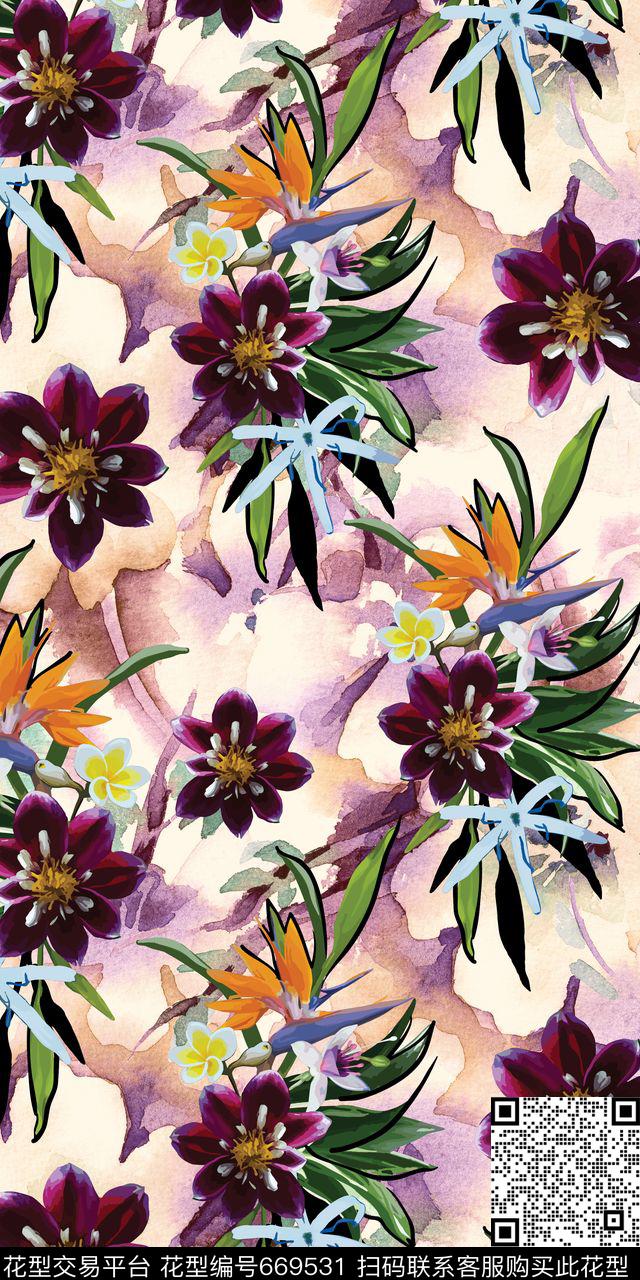 手绘花卉肌理数码印花华亿平台下载（图片编号: 669531） - 瓦栏（Walan）