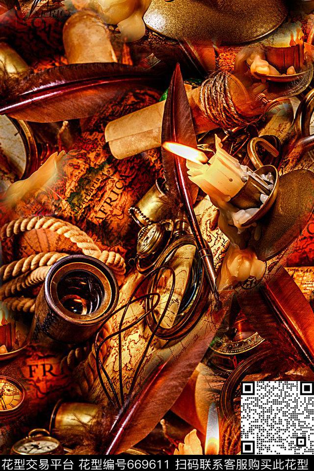 时尚抽象手绘树叶羽毛蜡烛印花潮流时尚设计复古风格航海图表时尚潮流女装国际大牌外套裙子印花风格数码印花华亿平台下载（图片编号: 669611） - 瓦栏（Walan）