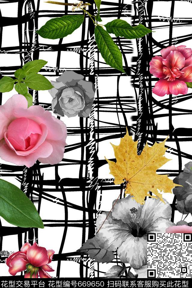 几何格子写实花卉树叶数码印花华亿平台下载（图片编号: 669650） - 瓦栏（Walan）