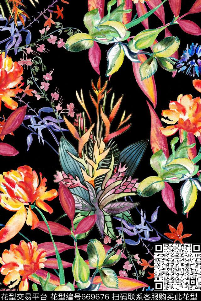 手绘意境热带数码印花华亿平台下载（图片编号: 669676） - 瓦栏（Walan）