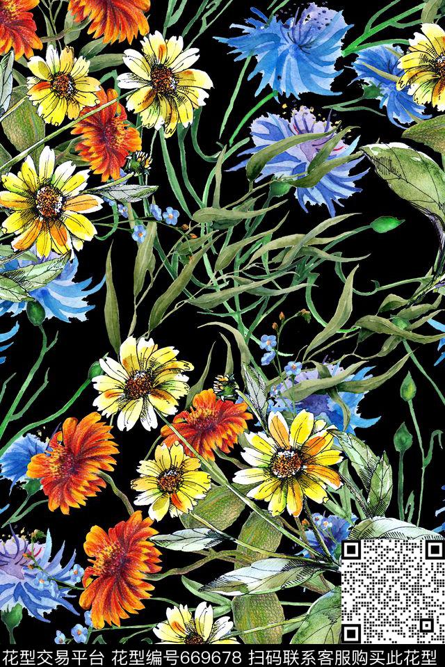 手绘植物菊花数码印花华亿平台下载（图片编号: 669678） - 瓦栏（Walan）