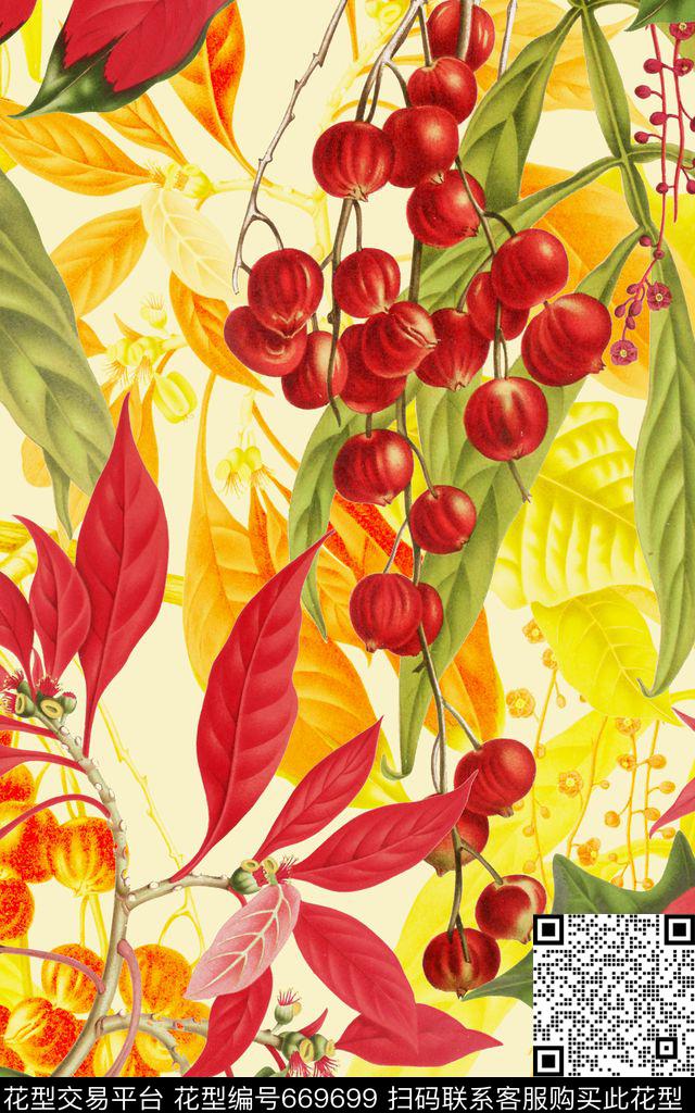 植物果子红叶数码印花华亿平台下载（图片编号: 669699） - 瓦栏（Walan）