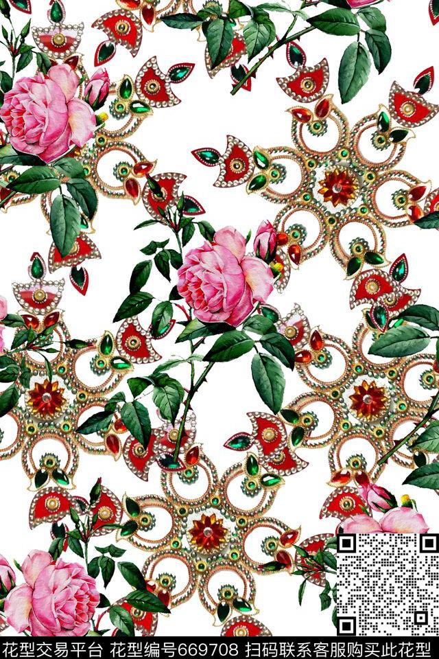 水彩玫瑰花卉。珠宝。女装数码印花华亿平台下载（图片编号: 669708） - 瓦栏（Walan）