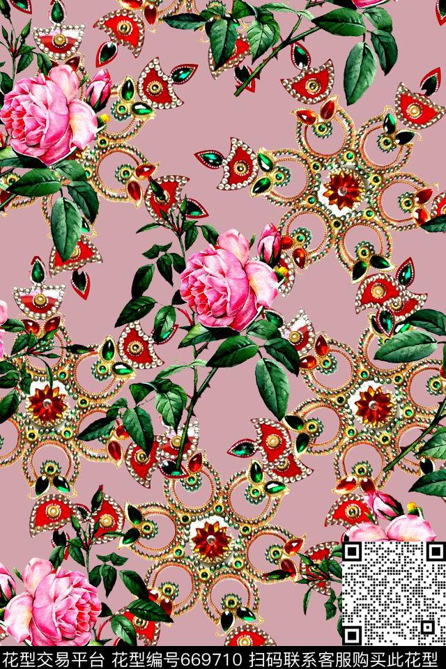 水彩玫瑰花卉。珠宝。女装数码印花华亿平台下载（图片编号: 669710） - 瓦栏（Walan）