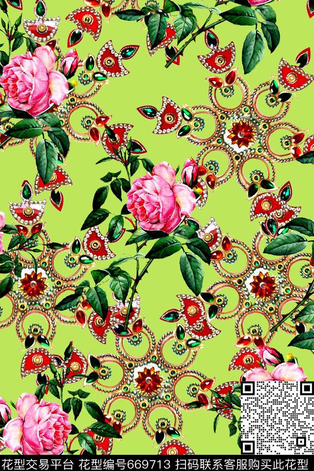 水彩玫瑰花卉。珠宝。女装数码印花华亿平台下载（图片编号: 669713） - 瓦栏（Walan）