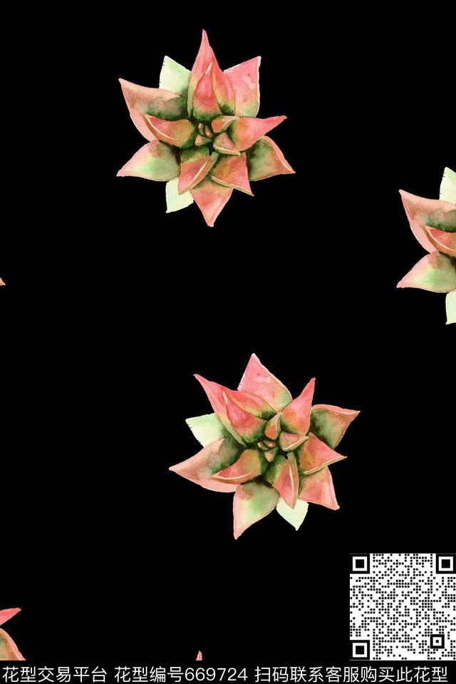 手绘清爽多肉数码印花华亿平台下载（图片编号: 669724） - 瓦栏（Walan）