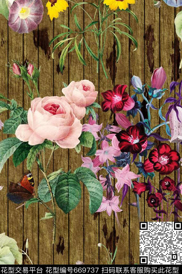 花卉花园复古数码印花华亿平台下载（图片编号: 669737） - 瓦栏（Walan）