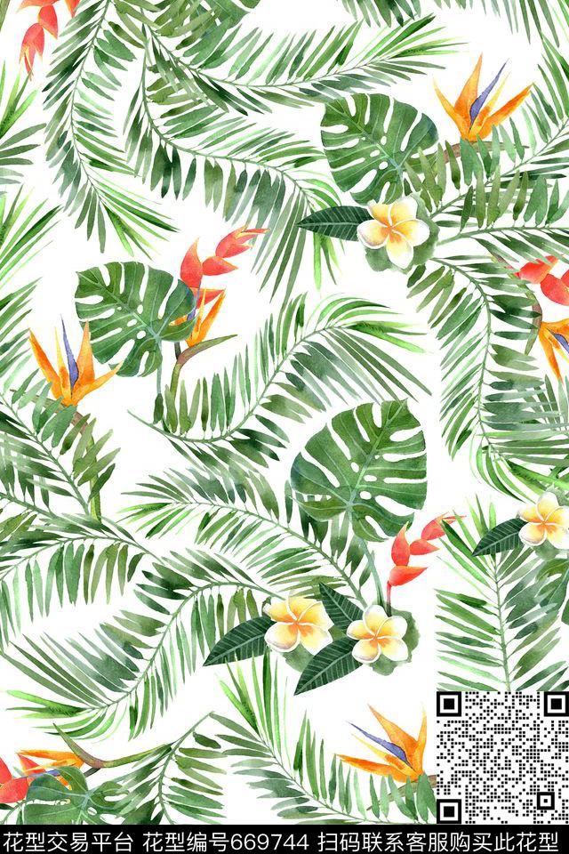 天堂鸟花棕榈叶热带数码印花华亿平台下载（图片编号: 669744） - 瓦栏（Walan）