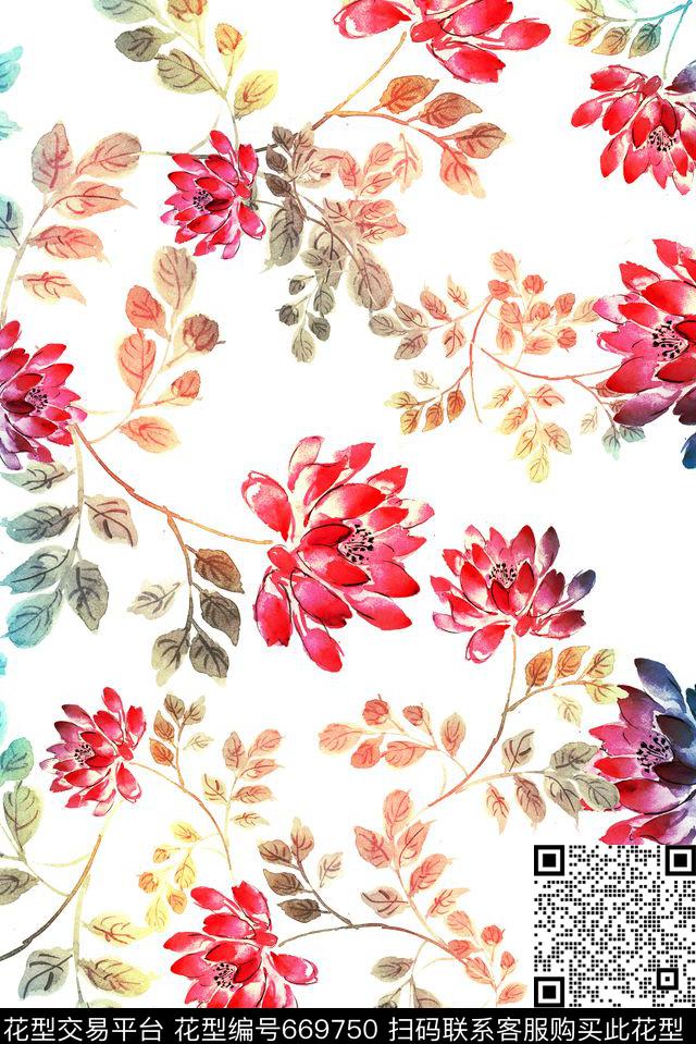 水墨花卉女装数码印花华亿平台下载（图片编号: 669750） - 瓦栏（Walan）