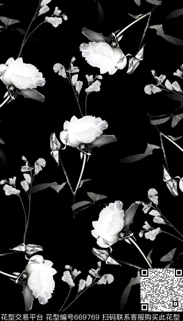 复古黑白花卉数码印花华亿平台下载（图片编号: 669769） - 瓦栏（Walan）