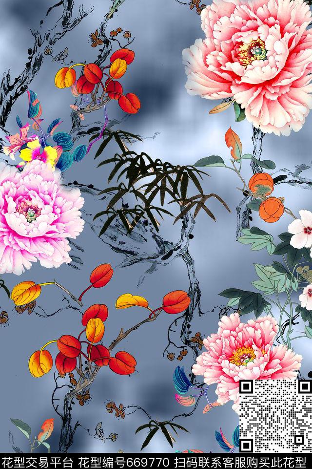 民族风中国风工笔画数码印花华亿平台下载（图片编号: 669770） - 瓦栏（Walan）