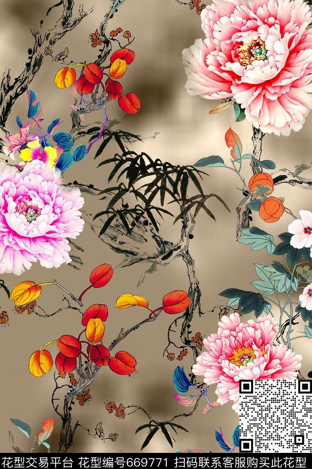 民族风中国风工笔画数码印花华亿平台下载（图片编号: 669771） - 瓦栏（Walan）