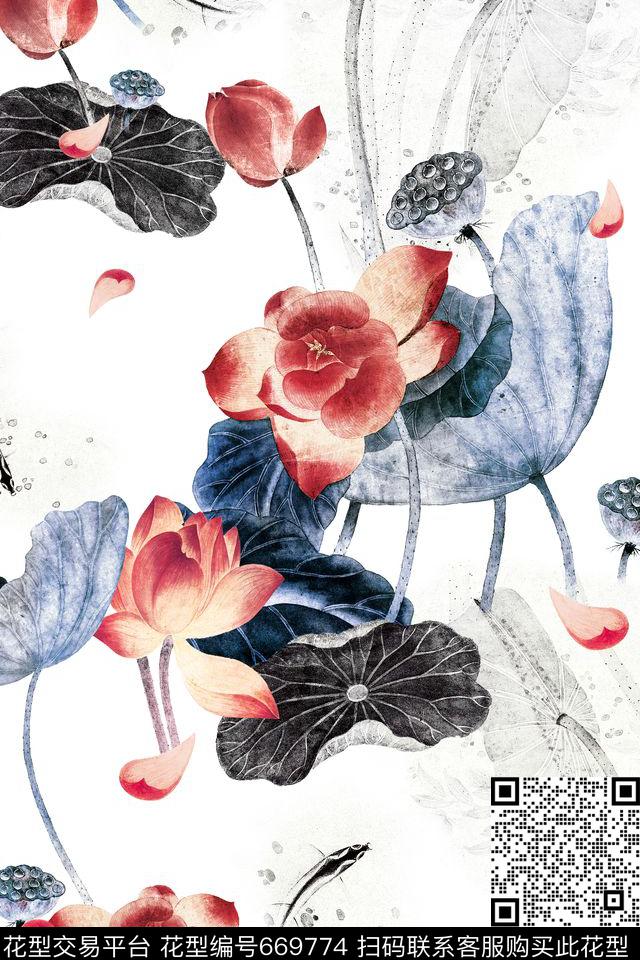 民族风中国风水墨荷花数码印花华亿平台下载（图片编号: 669774） - 瓦栏（Walan）