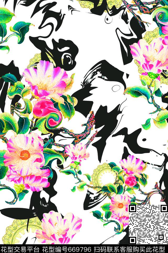 创意水墨花卉数码印花华亿平台下载（图片编号: 669796） - 瓦栏（Walan）
