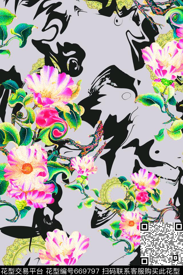创意水墨花卉数码印花华亿平台下载（图片编号: 669797） - 瓦栏（Walan）
