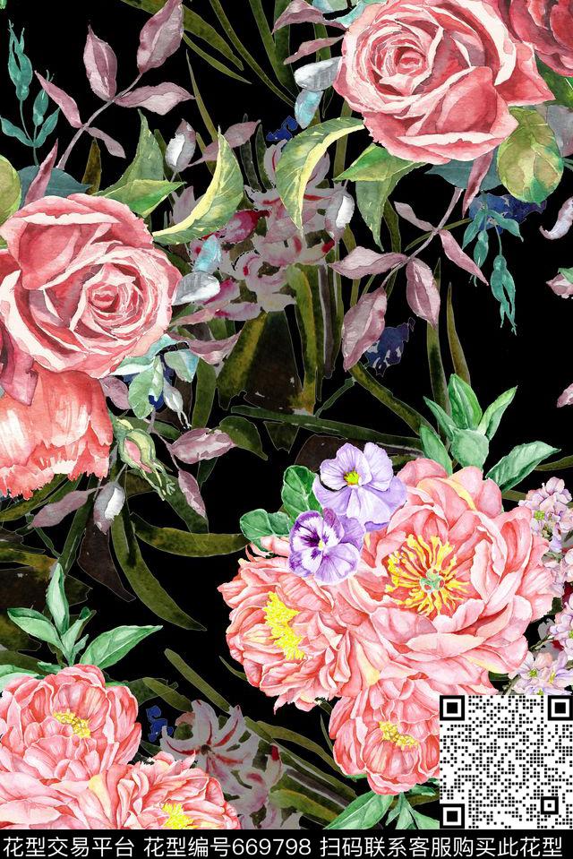 手绘花卉植物数码印花华亿平台下载（图片编号: 669798） - 瓦栏（Walan）