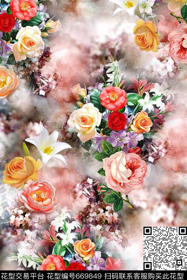花朵花卉水彩数码印花华亿平台下载（图片编号: 669849） - 瓦栏（Walan）