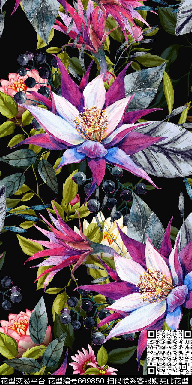 手绘热带花卉数码印花华亿平台下载（图片编号: 669850） - 瓦栏（Walan）