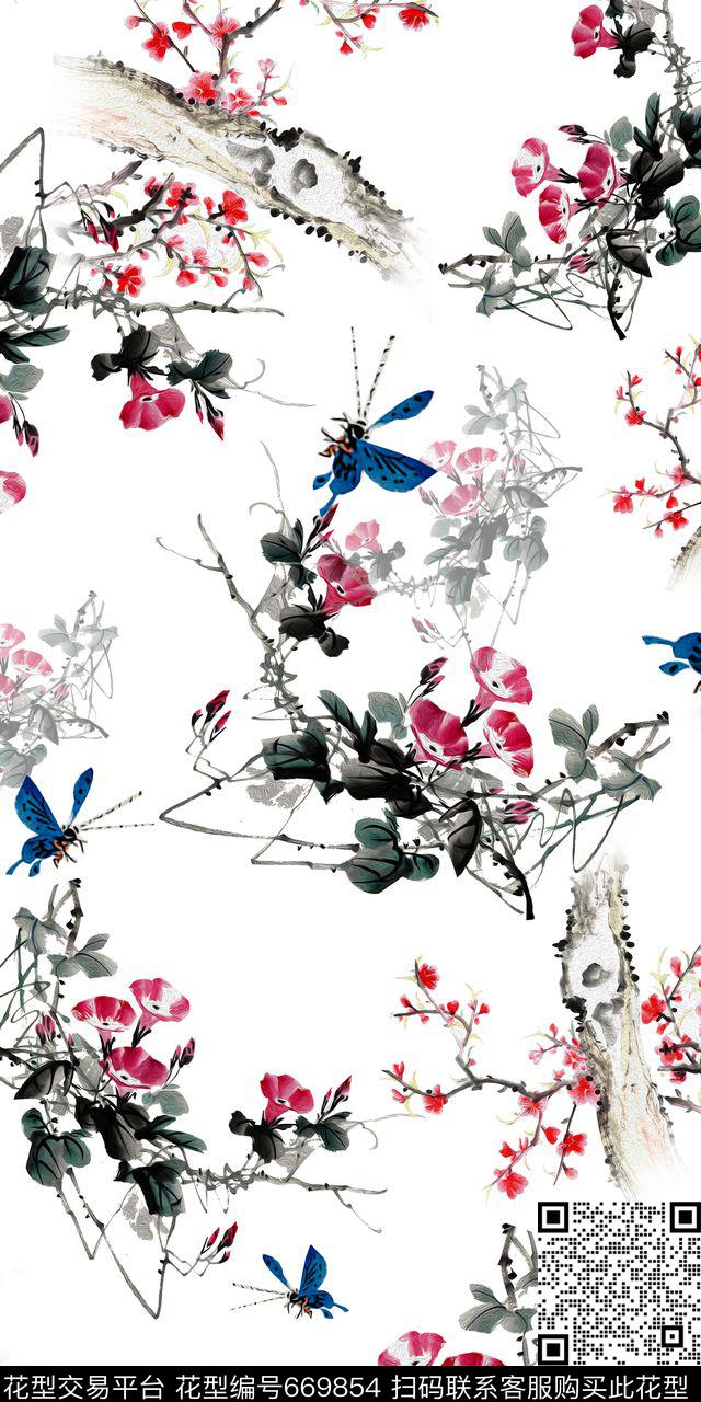 喇叭花国画树枝数码印花华亿平台下载（图片编号: 669854） - 瓦栏（Walan）