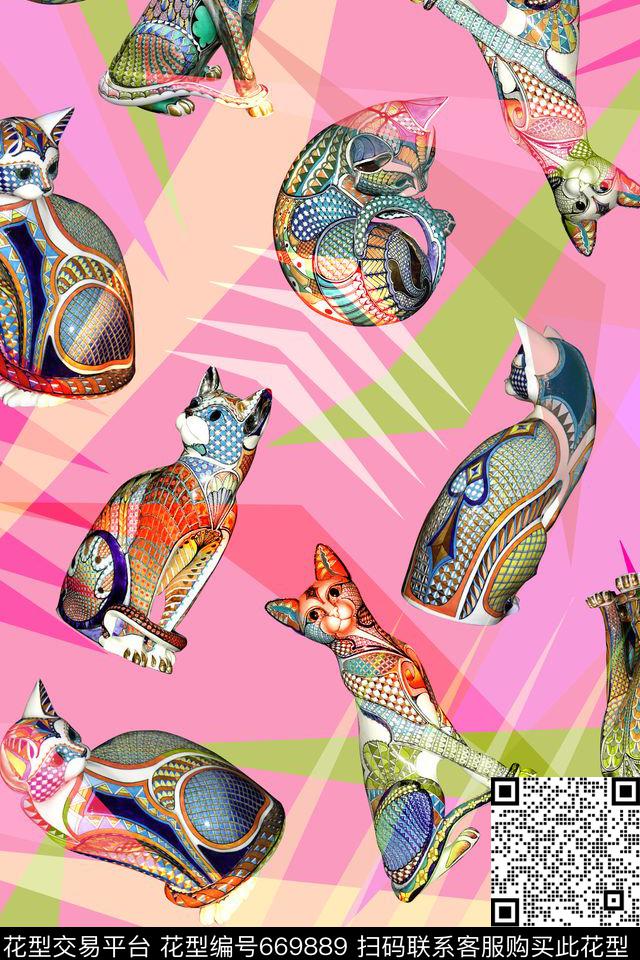 几何动物猫数码印花华亿平台下载（图片编号: 669889） - 瓦栏（Walan）