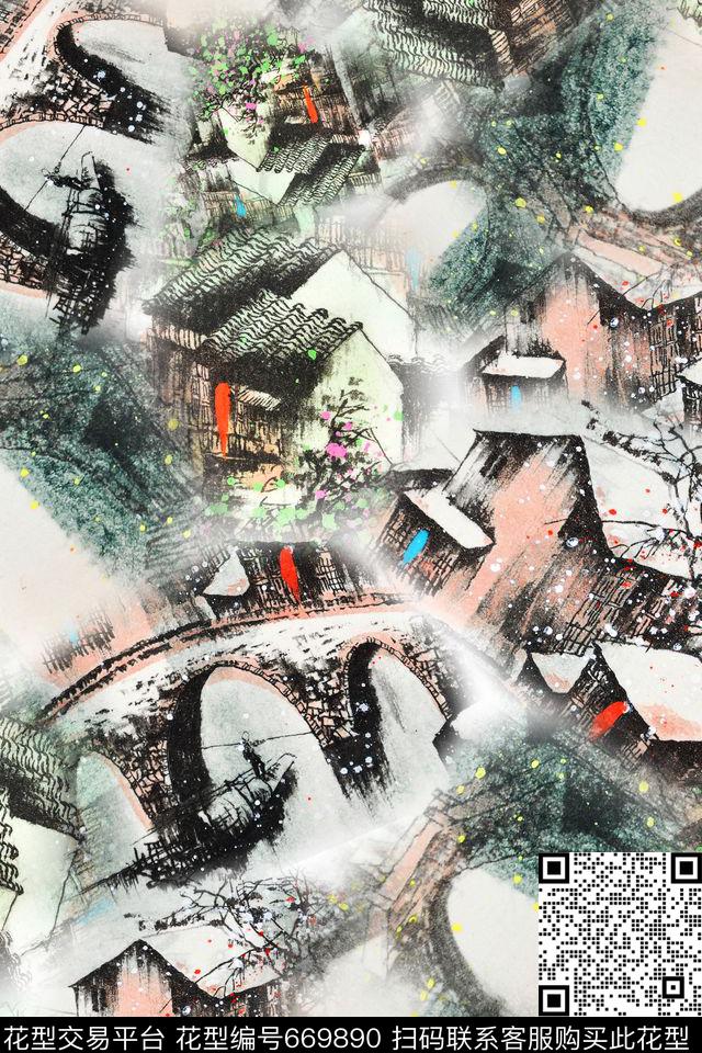 建筑风景工笔画数码印花华亿平台下载（图片编号: 669890） - 瓦栏（Walan）