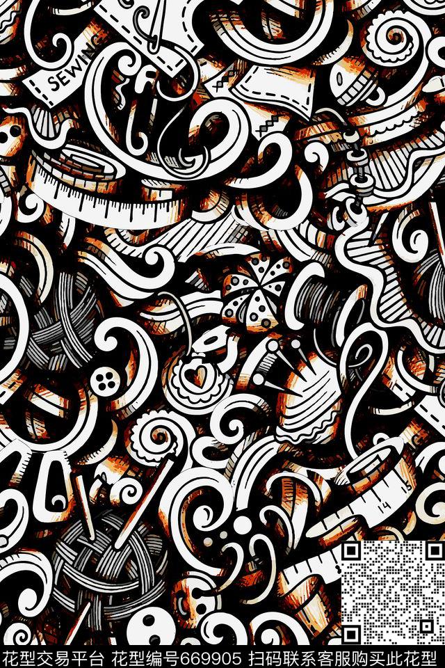 手绘纽扣皮尺数码印花华亿平台下载（图片编号: 669905） - 瓦栏（Walan）