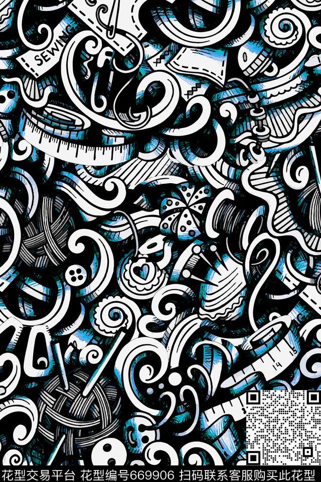 手绘素描纽扣数码印花华亿平台下载（图片编号: 669906） - 瓦栏（Walan）