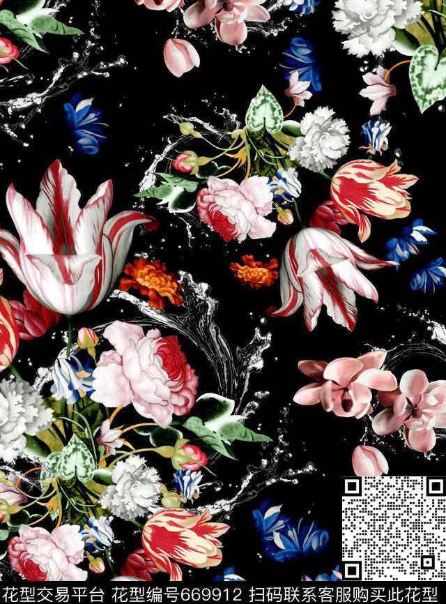 手绘罂粟花玫瑰热带雨林风格数码印花华亿平台下载（图片编号: 669912） - 瓦栏（Walan）