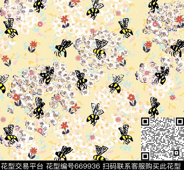 雏菊昆虫蜜蜂传统印花华亿平台下载（图片编号: 669936） - 瓦栏（Walan）