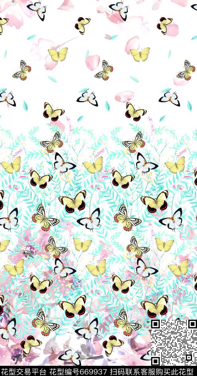 花丛‘蝴蝶枝条渐变数码印花华亿平台下载（图片编号: 669937） - 瓦栏（Walan）