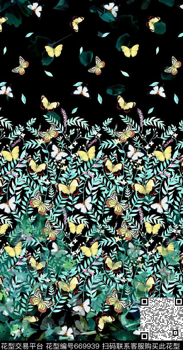 花丛‘蝴蝶水彩花卉定位花数码印花华亿平台下载（图片编号: 669939） - 瓦栏（Walan）