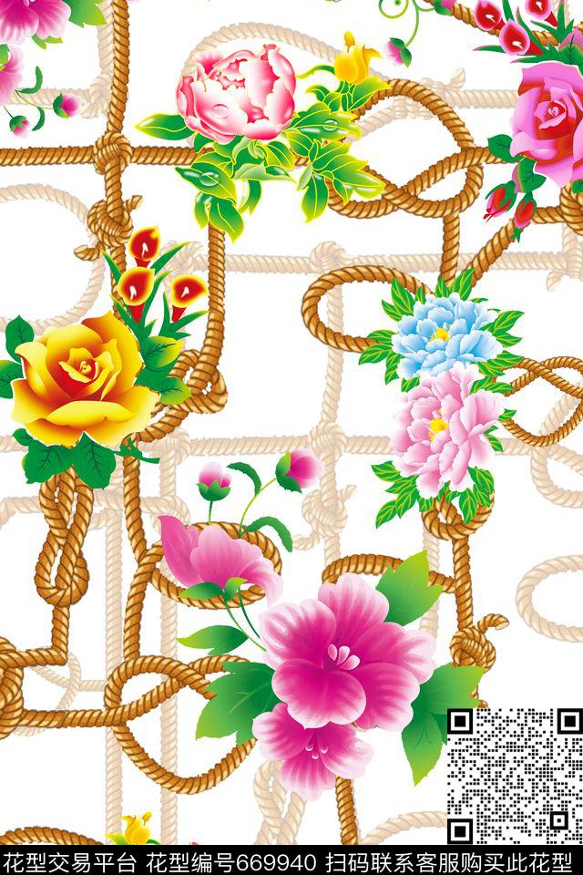 清爽花卉几何绳子牡丹数码印花华亿平台下载（图片编号: 669940） - 瓦栏（Walan）