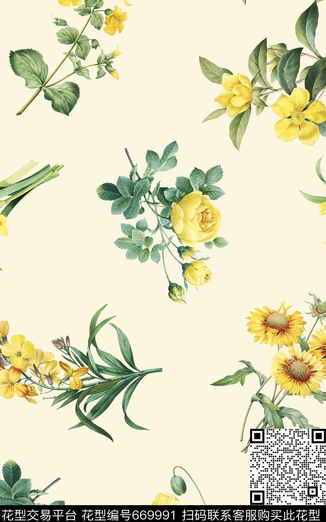 黄花朵花朵大花数码印花华亿平台下载（图片编号: 669991） - 瓦栏（Walan）