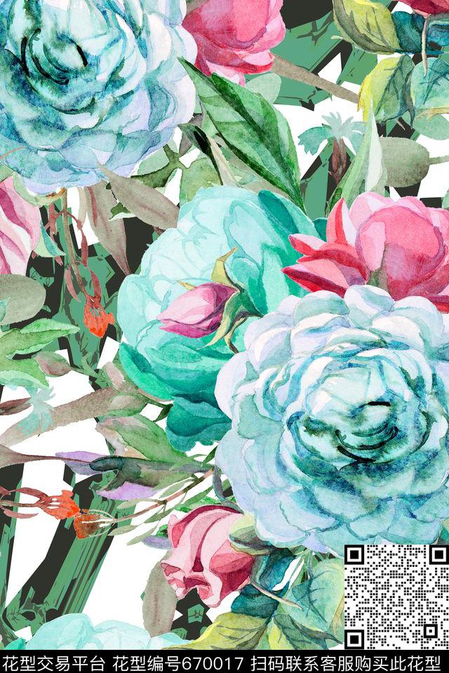 大朵手绘花卉数码印花华亿平台下载（图片编号: 670017） - 瓦栏（Walan）