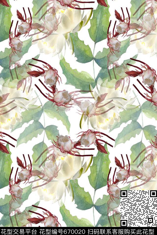 花朵昙花手绘叶子数码印花华亿平台下载（图片编号: 670020） - 瓦栏（Walan）