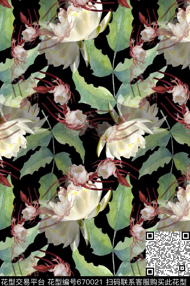 花朵昙花手绘叶子数码印花华亿平台下载（图片编号: 670021） - 瓦栏（Walan）
