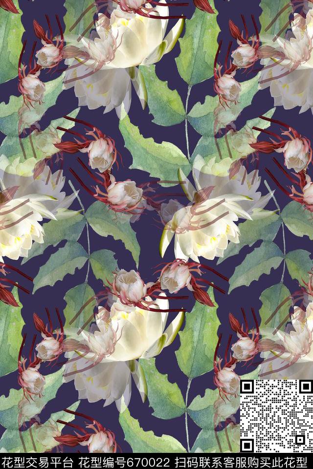 花朵昙花手绘叶子数码印花华亿平台下载（图片编号: 670022） - 瓦栏（Walan）