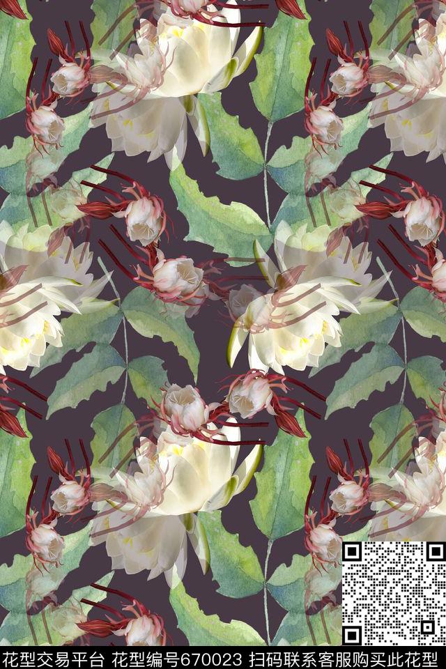 花朵昙花手绘叶子数码印花华亿平台下载（图片编号: 670023） - 瓦栏（Walan）