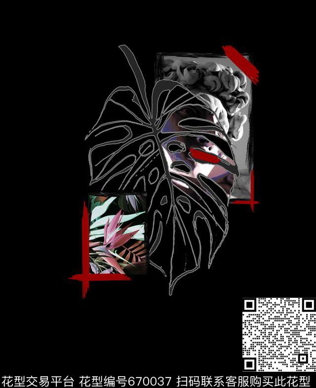 热带植物树叶线条雕像数码印花华亿平台下载（图片编号: 670037） - 瓦栏（Walan）